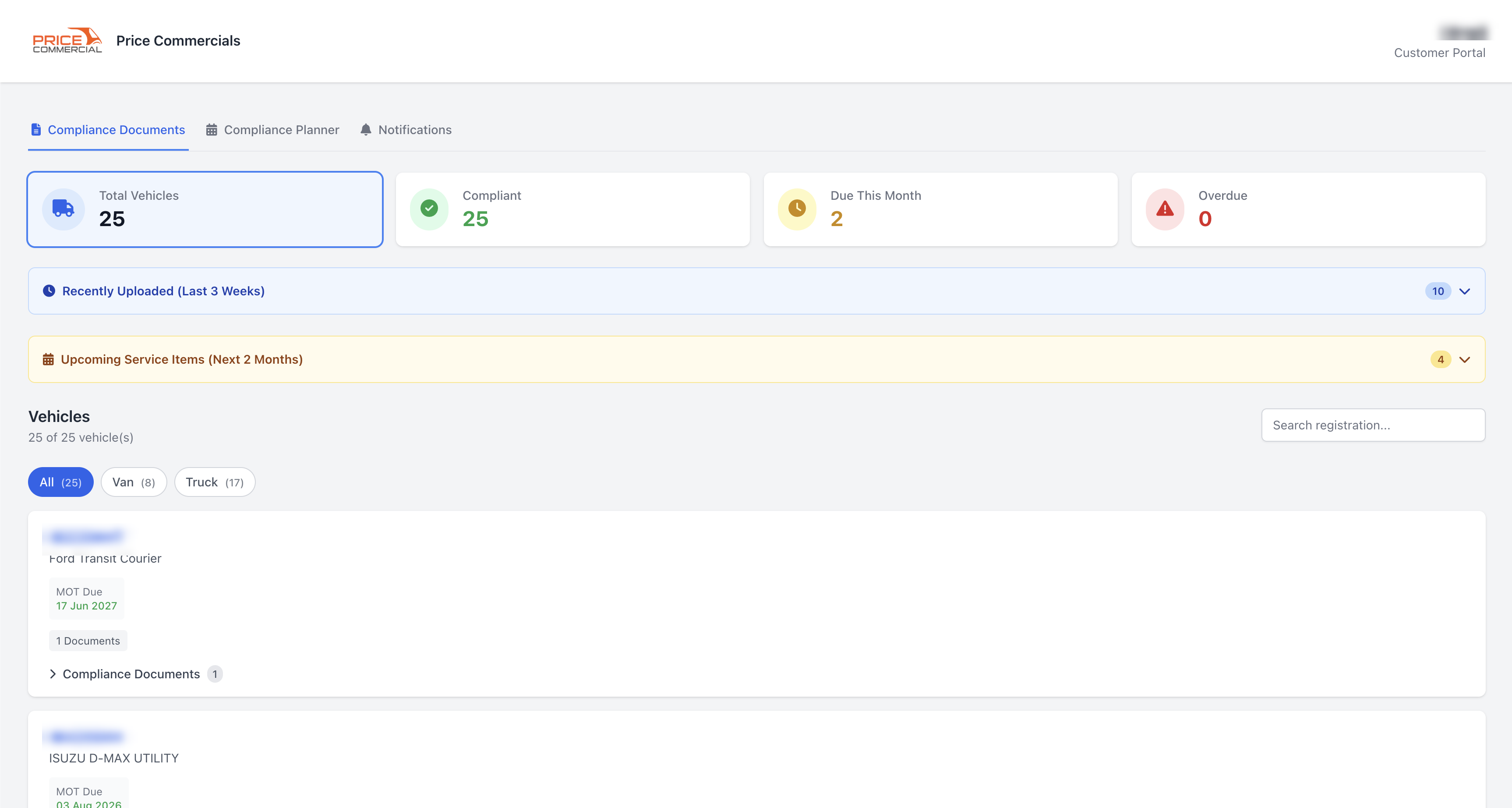 Price Commercial customer portal dashboard, showing fleet compliance status, vehicles and MOT due dates
