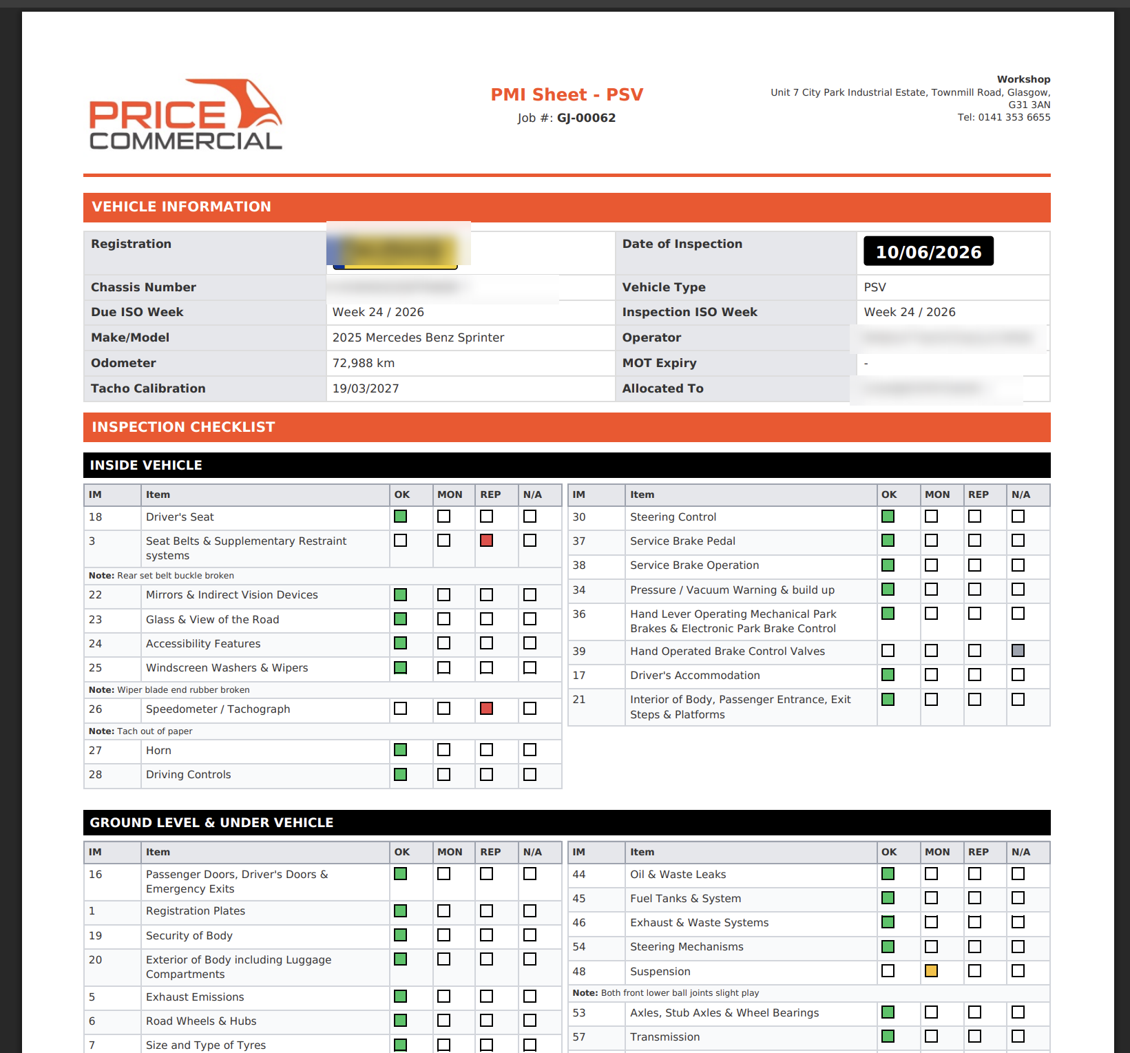 Example PMI inspection sheet available to download from the customer portal, with registration and customer details obscured